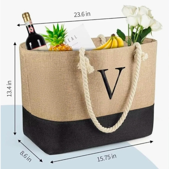 Women Beach Bag with letter A with Makeup Bag Travel Essential - Picture 8 of 9